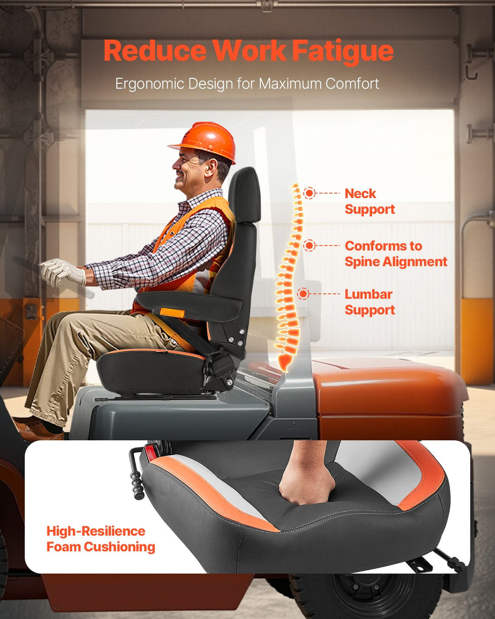 Vevor Forklift Tractor Seat 150° Reclining Backrest Adjustable Headrest Universal Fit New