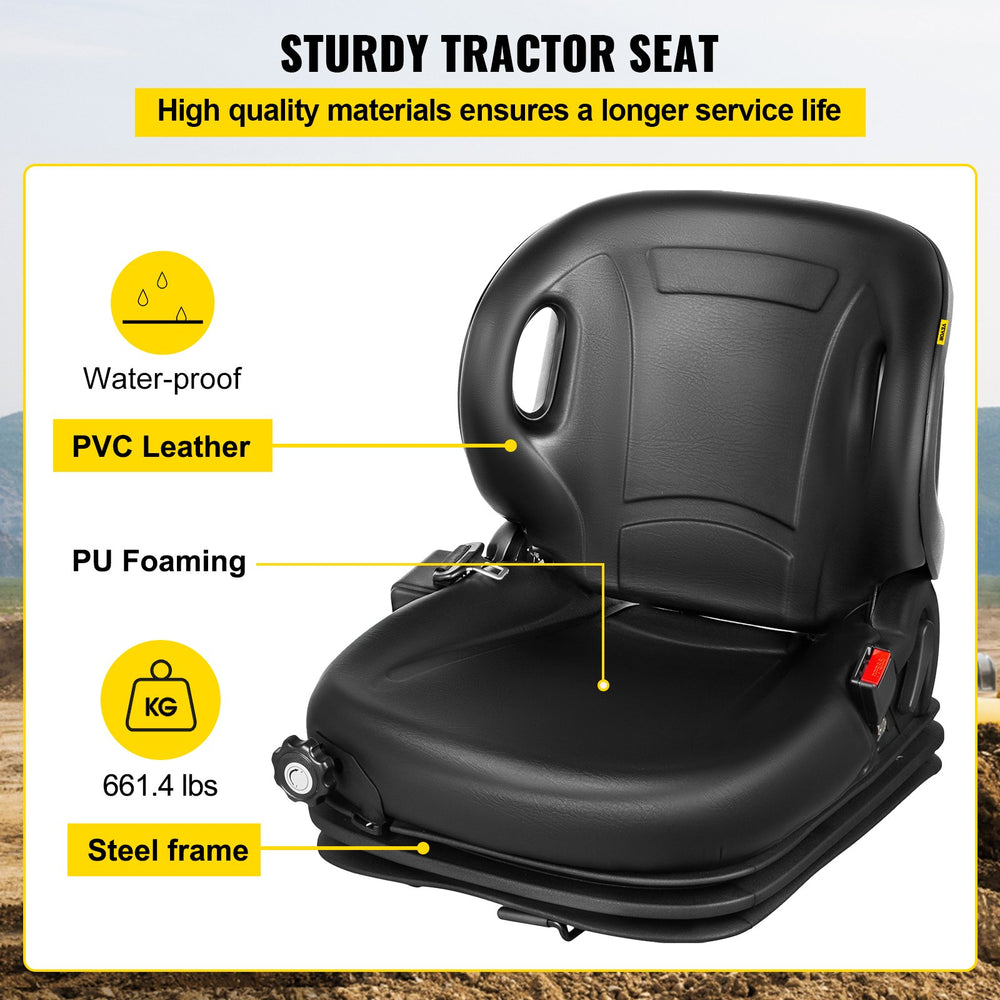 Vevor Tractor Seat 70° Adjustable Backrest with Seat Belt PVC Cushion for Forklifts and Tractors New