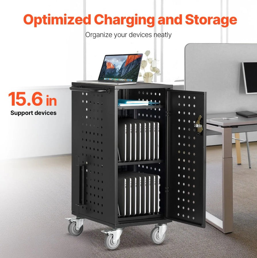Vevor 20-Device Mobile Charging Cart Fits Laptops/Tablets up to 15.6" Lockable with Surge Protection New