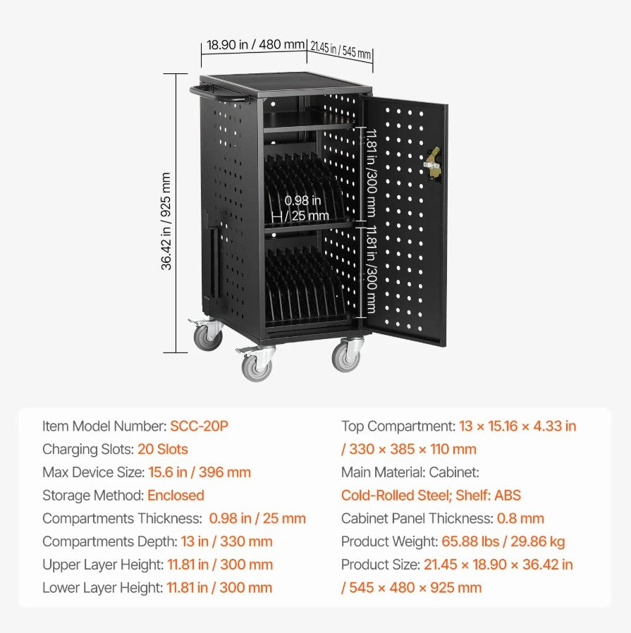 Vevor 20-Device Mobile Charging Cart Fits Laptops/Tablets up to 15.6" Lockable with Surge Protection New