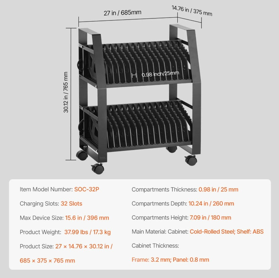 Vevor Charging Cart 32-Device Capacity for Laptop and Tablet Up to 15.6" New