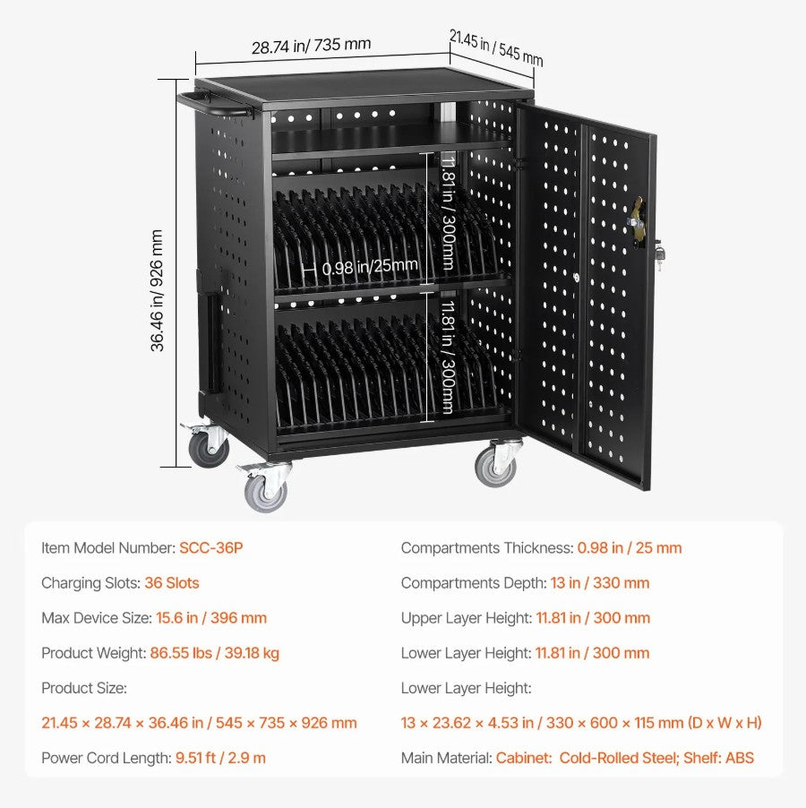 Vevor 36-Device Mobile Charging Cart Fits Laptops/Tablets up to 15.6" Lockable with Surge Protection New