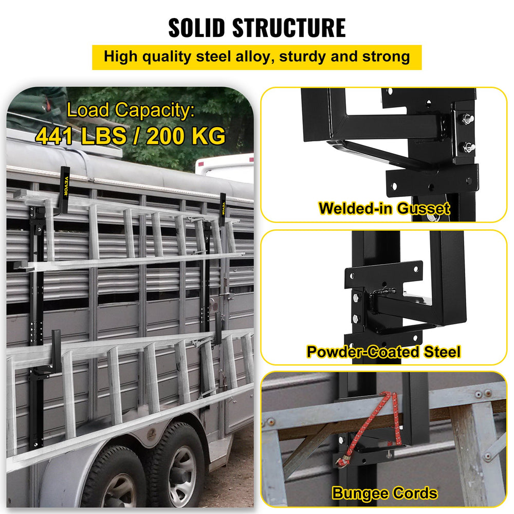 Vevor Trailer Ladder Rack 2 Bars Adjustable 441 Lbs Capacity Fits Enclosed Trailer Exterior Holds 1-2 Ladders New