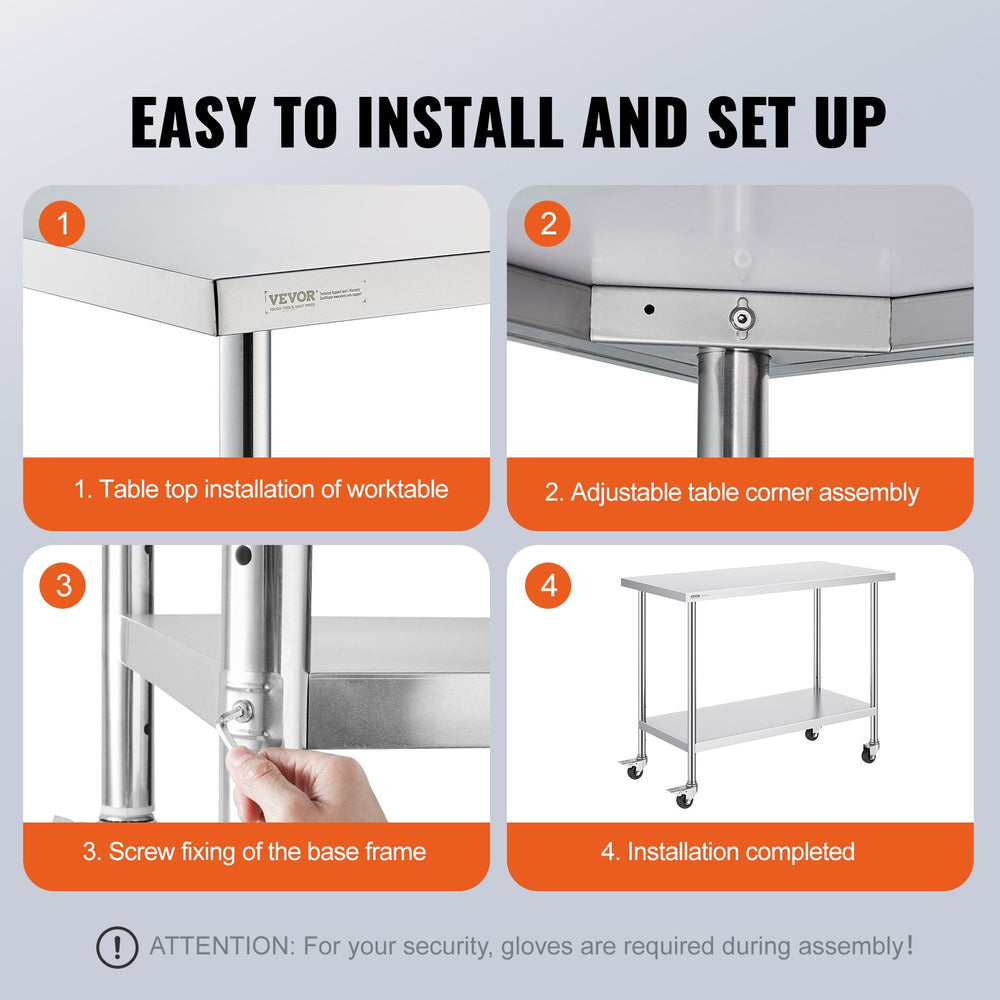 Vevor Prep Table 24" x 48" x 38" Stainless Steel 800 Lbs. Capacity with Adjustable Shelf New