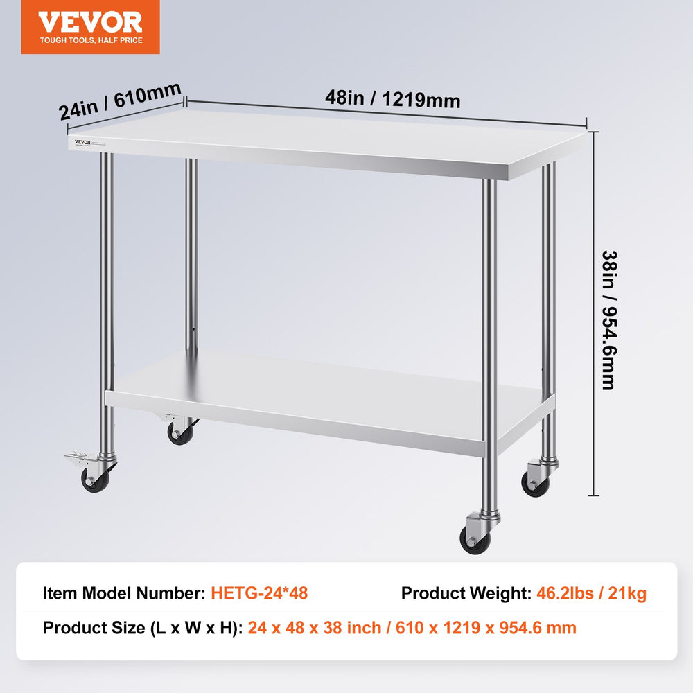 Vevor Prep Table 24" x 48" x 38" Stainless Steel 800 Lbs. Capacity with Adjustable Shelf New