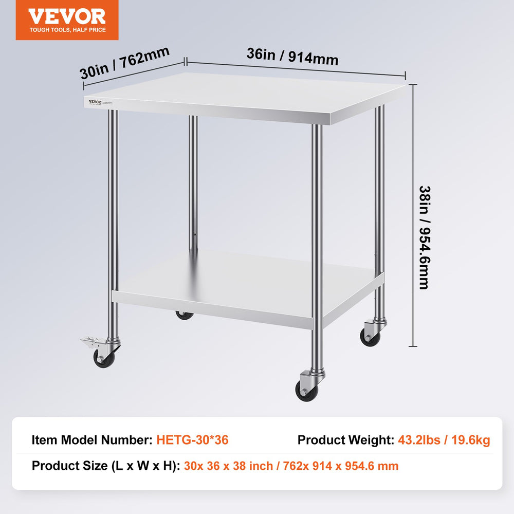 Vevor Prep Table 30" x 36" x 38" Stainless Steel 820 Lbs. Capacity with Adjustable Shelf New