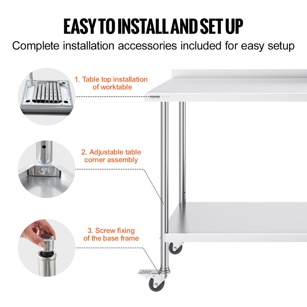 Vevor Prep Table 24" x 60" x 40" Stainless Steel 840 Lbs. Capacity with Rear Baffle and Adjustable Shelf New