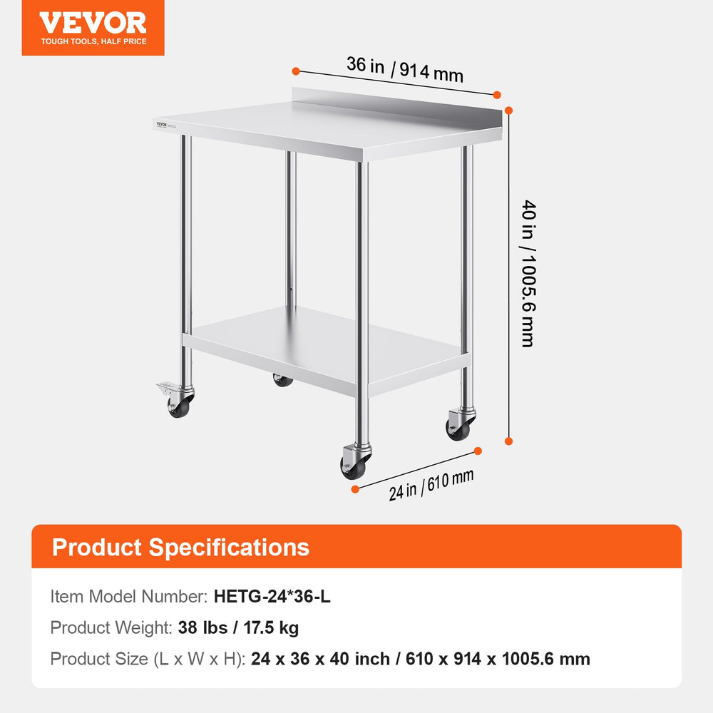 Vevor Prep Table 24" x 36" x 40" Stainless Steel 750 Lbs. Capacity with Rear Baffle and Adjustable Shelf New