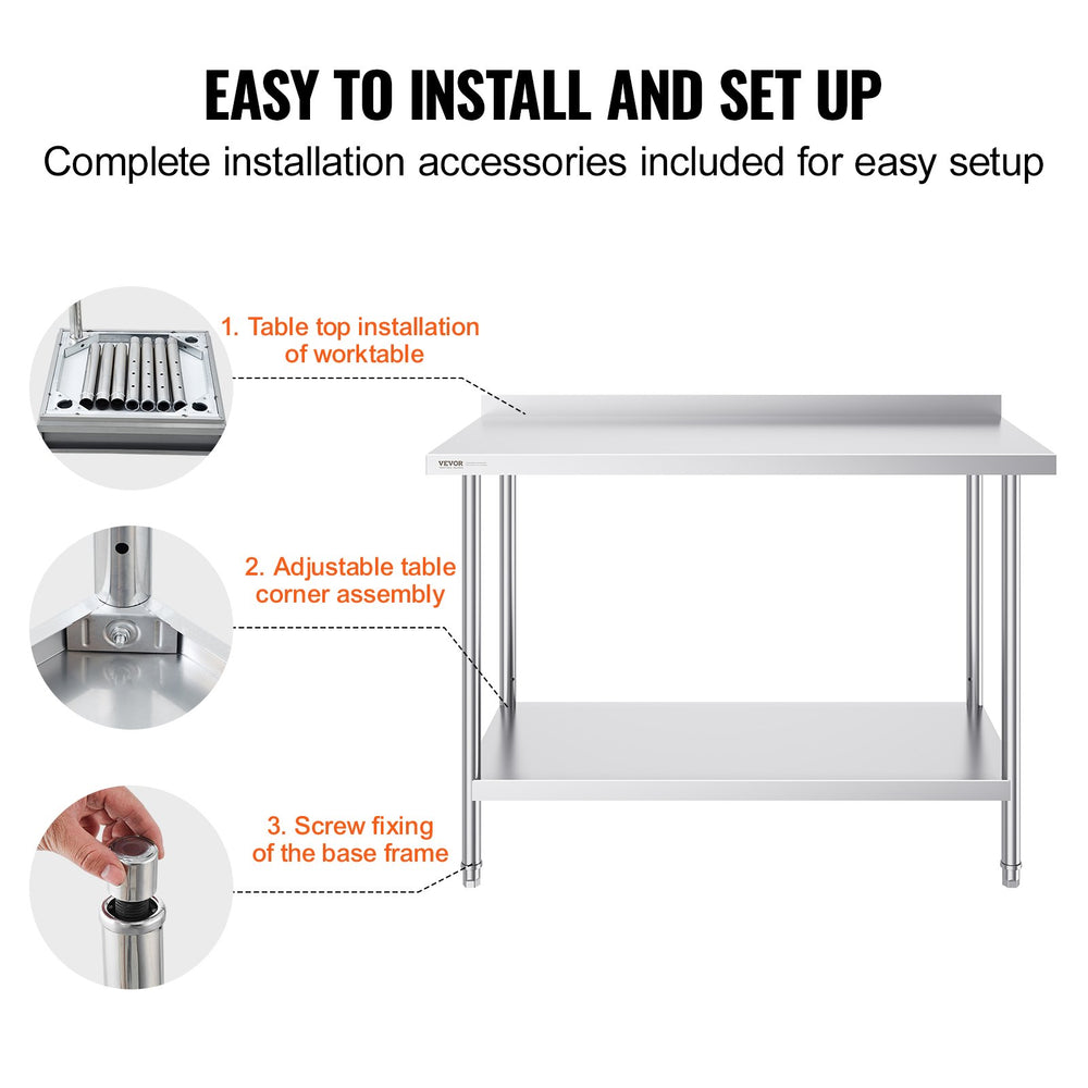 Vevor Prep Table 24" x 48" x 36" Stainless Steel 860 Lbs. Capacity with Rear Baffle and Adjustable Shelf New