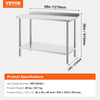 Vevor Prep Table 24" x 48" x 36" Stainless Steel 860 Lbs. Capacity with Rear Baffle and Adjustable Shelf New