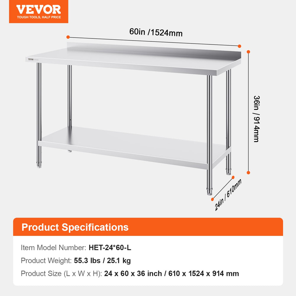 Vevor Prep Table 24" x 60" x 36" Stainless Steel 900 Lbs. Capacity with Rear Baffle and Adjustable Shelf New