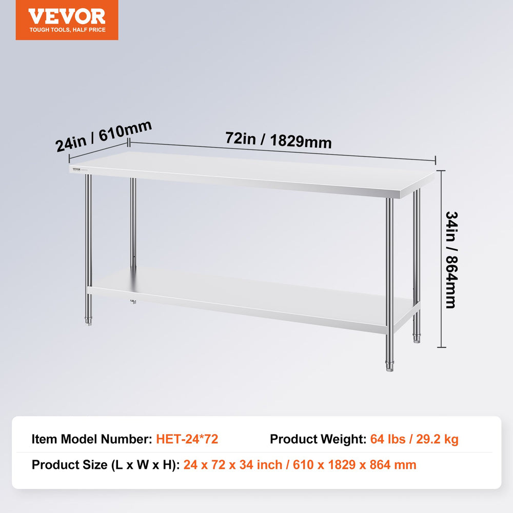 Vevor Prep Table 24" x 72" x 34" Stainless Steel 880 Lbs. Capacity with Adjustable Shelf New