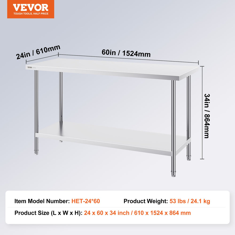 Vevor Prep Table 24" x 60" x 34" Stainless Steel 840 Lbs. Capacity with Adjustable Shelf New