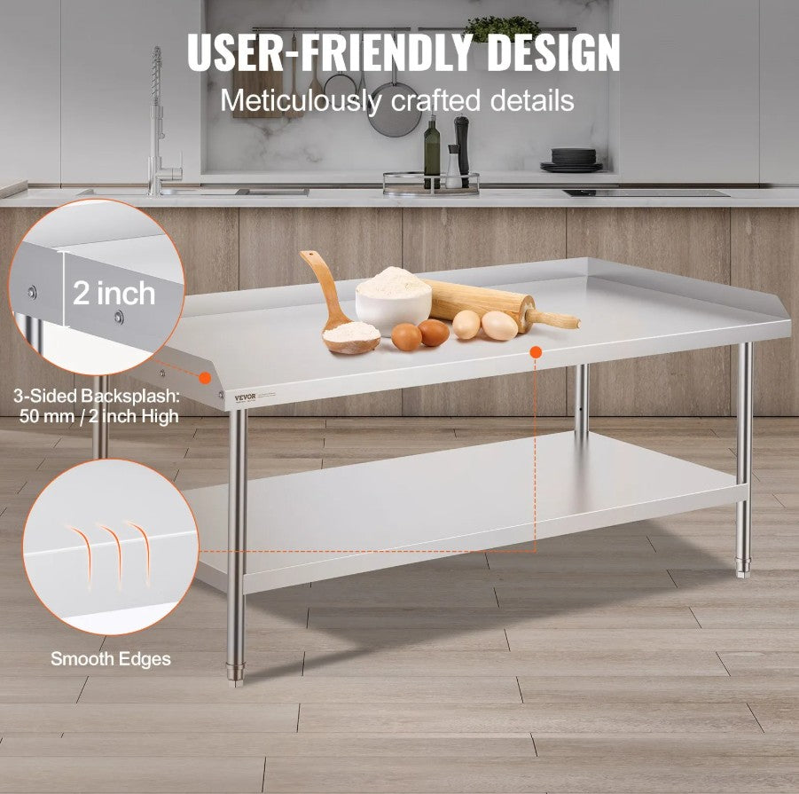 Vevor Stainless Steel Prep Table 30"x60" Commercial with Backsplash and Adjustable Shelf New