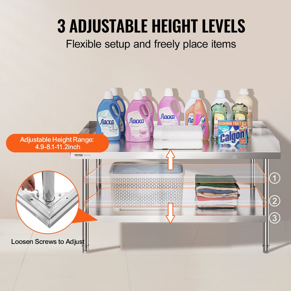 Vevor Food Prep Worktable 30" x 48" x 26" Stainless Steel 3-Sided Backsplash with Adjustable Shelf New