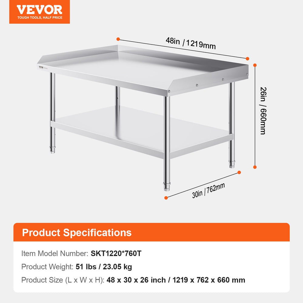 Vevor Food Prep Worktable 30" x 48" x 26" Stainless Steel 3-Sided Backsplash with Adjustable Shelf New