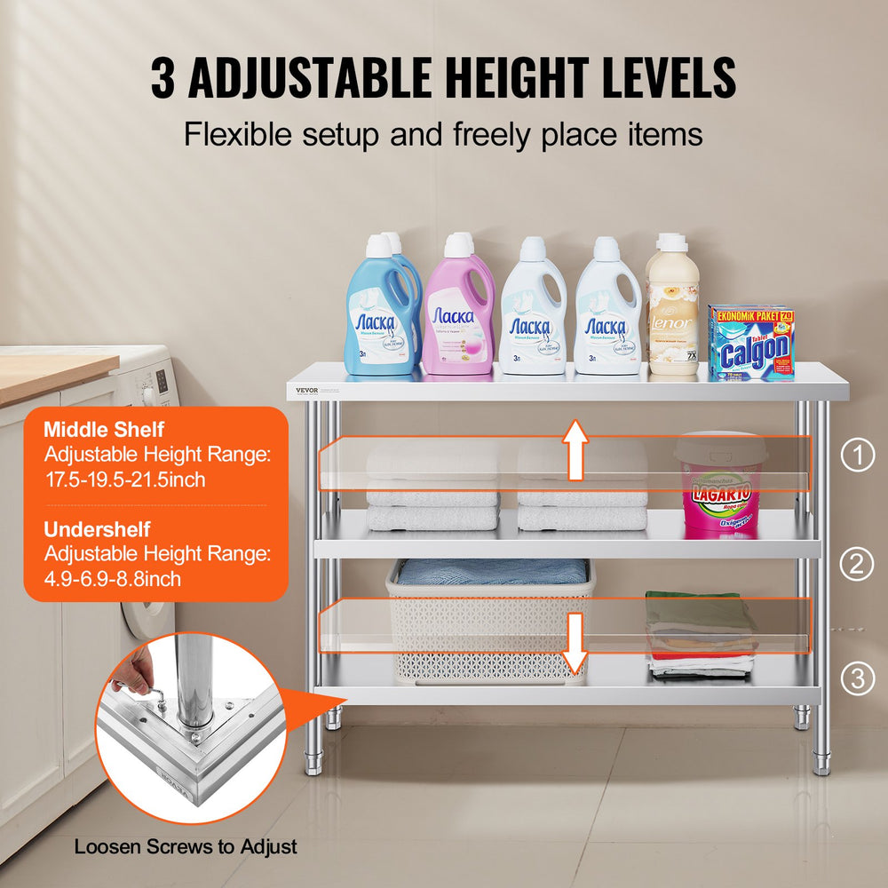 Vevor Prep Table 14" x 48" x 34" Stainless Steel 1140 Lbs. Capacity with 2 Adjustable Undershelf New