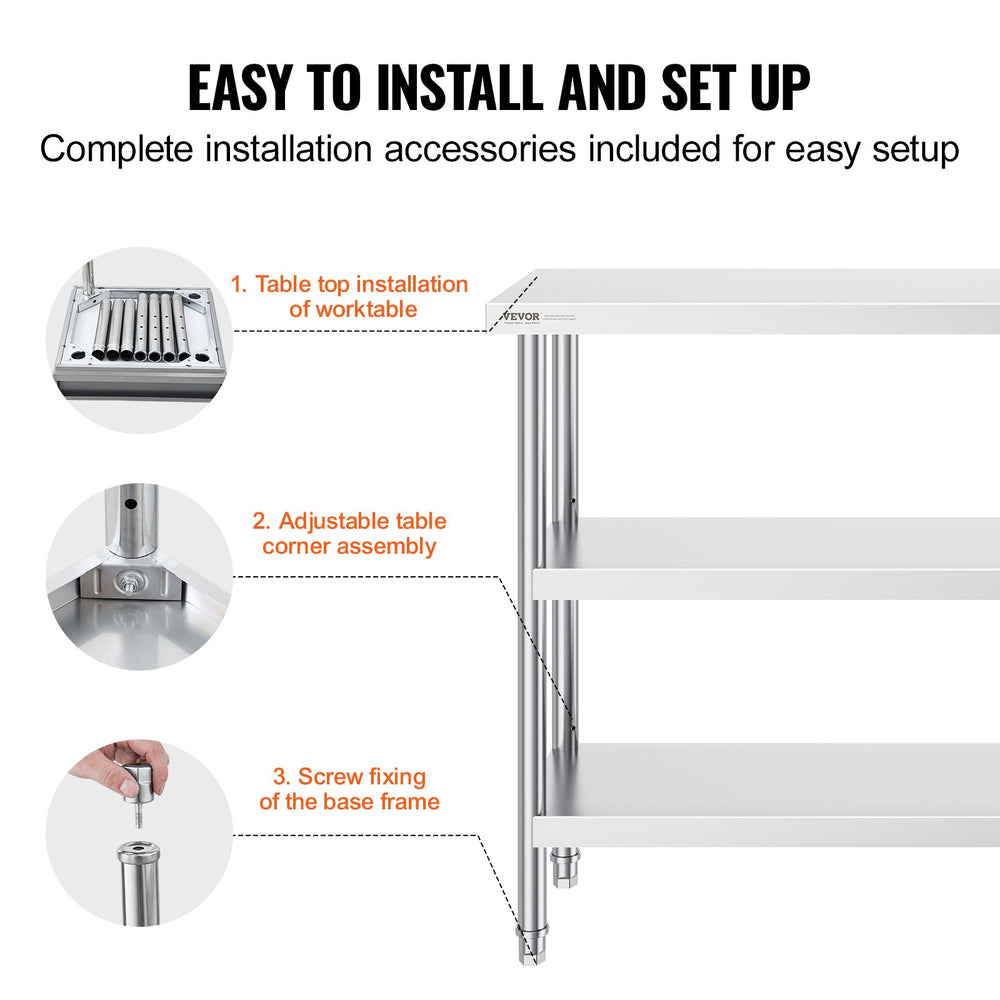 Vevor Prep Table 14" x 48" x 34" Stainless Steel 1140 Lbs. Capacity with 2 Adjustable Undershelf New