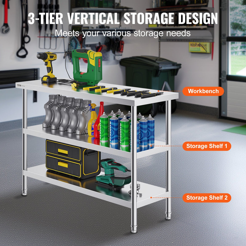 Vevor Prep Table 18" x 48" x 34" Stainless Steel 1200 Lbs. Capacity with 2 Adjustable Undershelf New