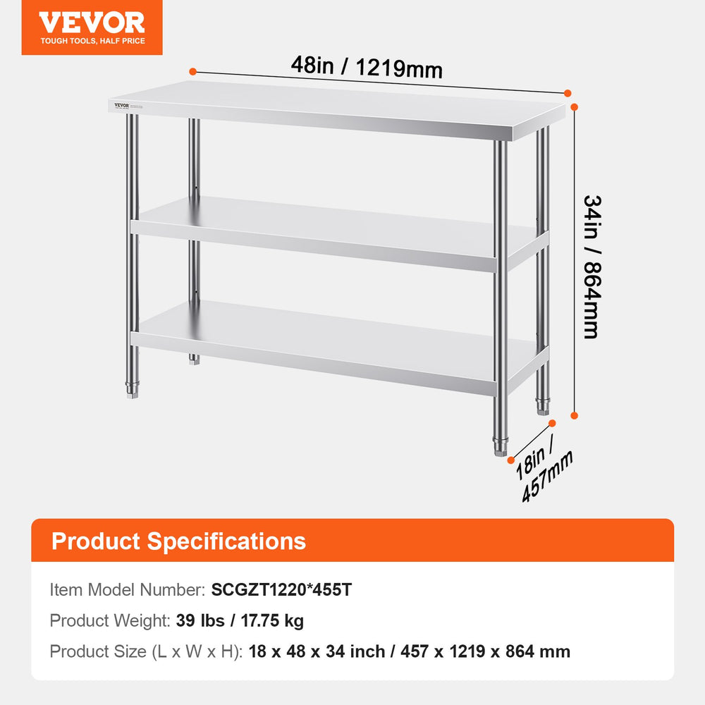 Vevor Prep Table 18" x 48" x 34" Stainless Steel 1200 Lbs. Capacity with 2 Adjustable Undershelf New