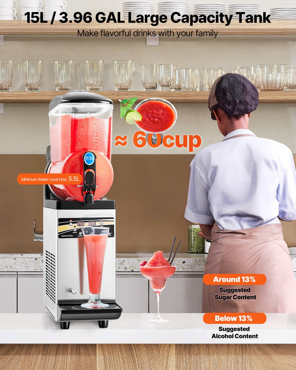 Vevor Commercial Slushy Machine 3.96 Gal Tank with Adjustable Temperature and Auto Clean New