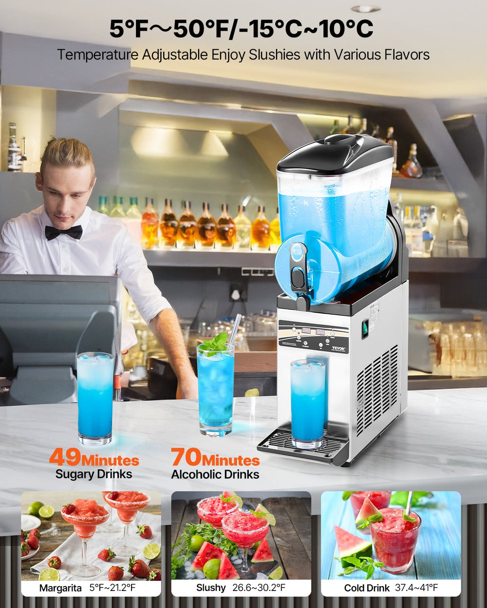 Vevor Commercial Slushy Machine 3.96 Gal Tank with Adjustable Temperature and Auto Clean New