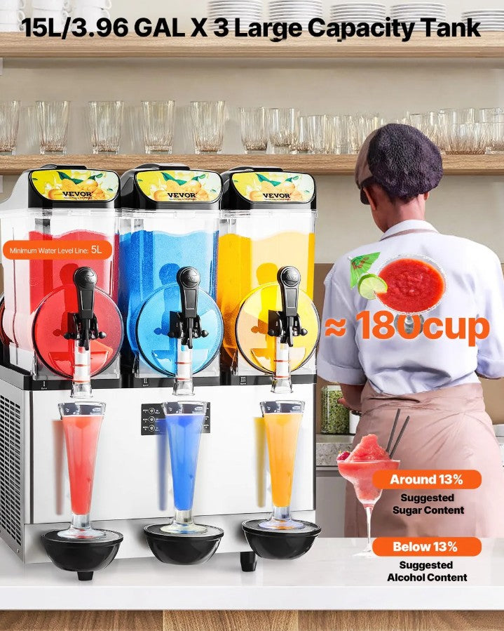 Vevor Commercial Slushy Machine 3-Tank 45 Qt Frozen Drink and Margarita Maker New