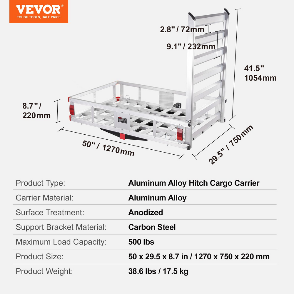 Vevor Hitch Cargo Carrier 50" x 29.5" x 8.7" 500 lbs Load Capacity With Folding Ramp Fits 2" Hitch Receiver Aluminum TYGJ0062 New