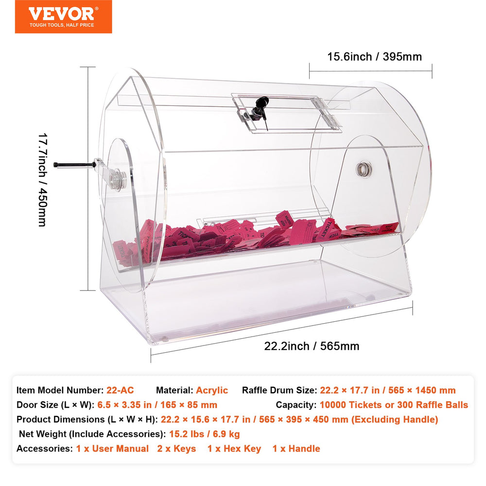 Vevor Raffle Drum Acrylic Ticket Spinning Cage with Lockable Door Holds 10,000 Tickets or 300 Balls New