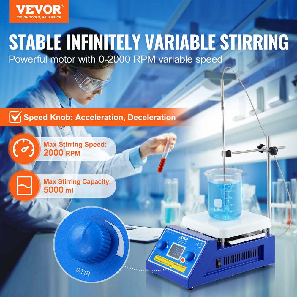Vevor Magnetic Stirrer Hot Plate 572°F Max 2000 RPM 5000mL Capacity 500W Heating LED Display New