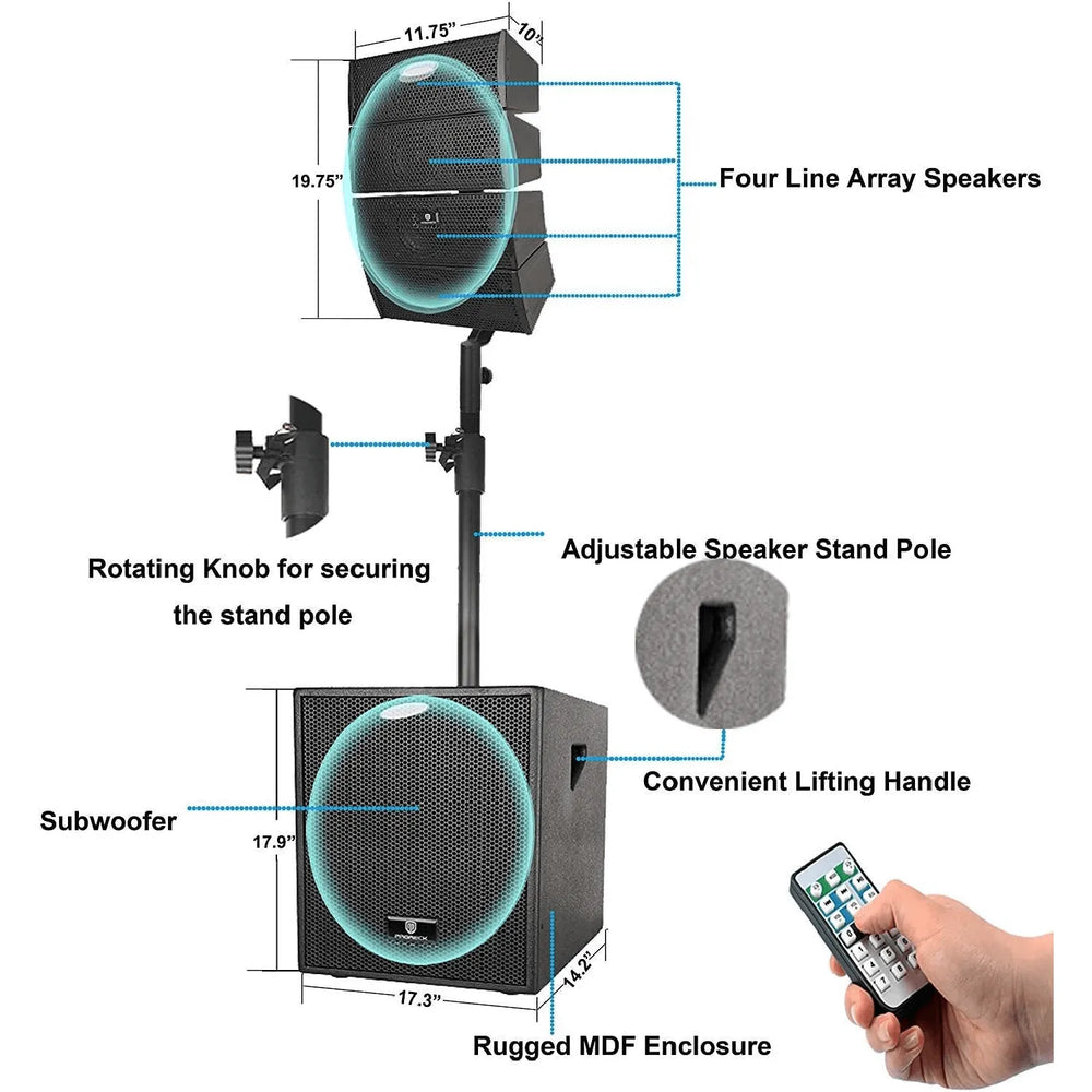 Proreck CLUB-3000 PA Speaker System 1800W Combo 4" Line Array Speakers and 12" Subwoofer with Bluetooth and Remote New