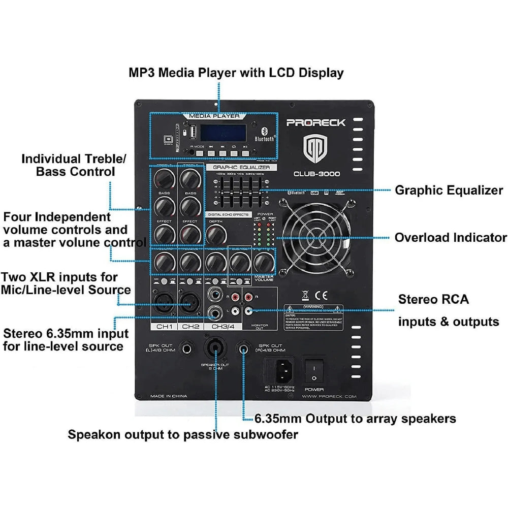 Proreck CLUB-3000 PA Speaker System 1800W Combo 4" Line Array Speakers and 12" Subwoofer with Bluetooth and Remote New
