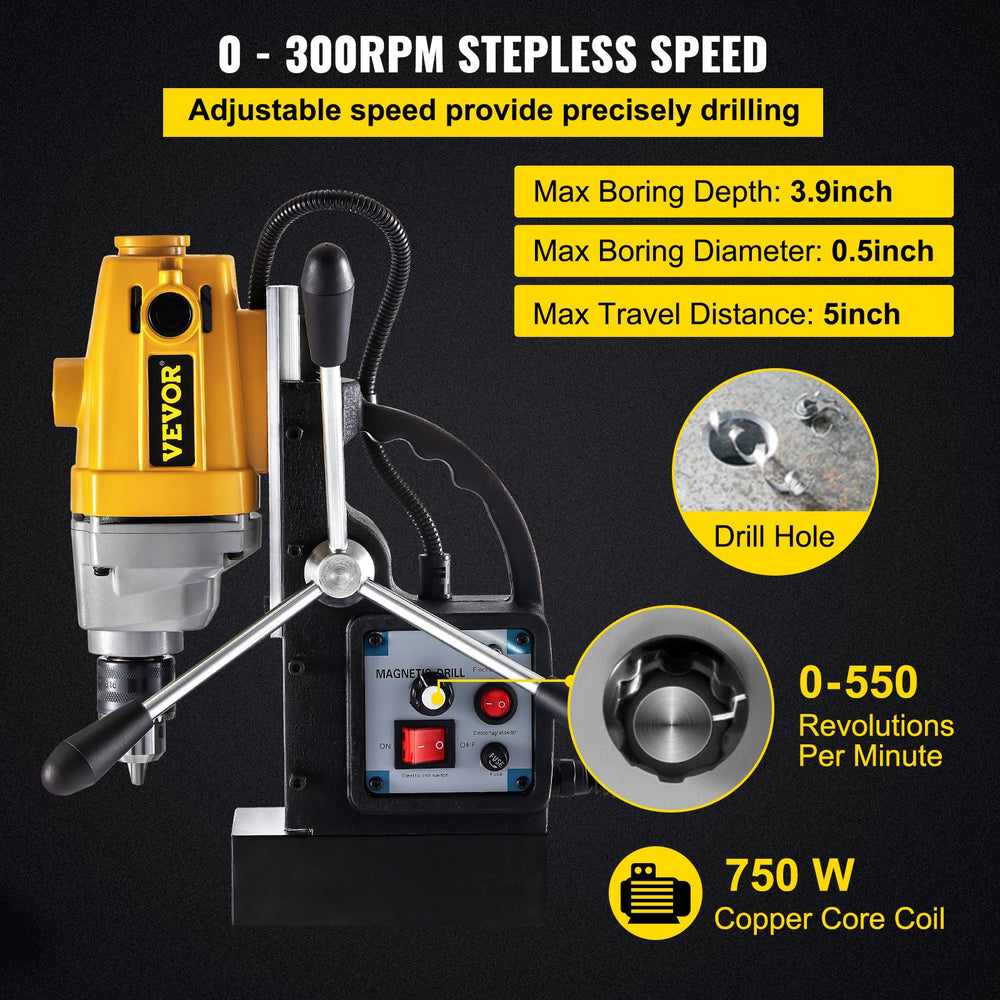 Vevor Magnetic Drill Press 750W 550 RPM Stepless Speed 0.5" Boring Diameter and 3.9" Depth New