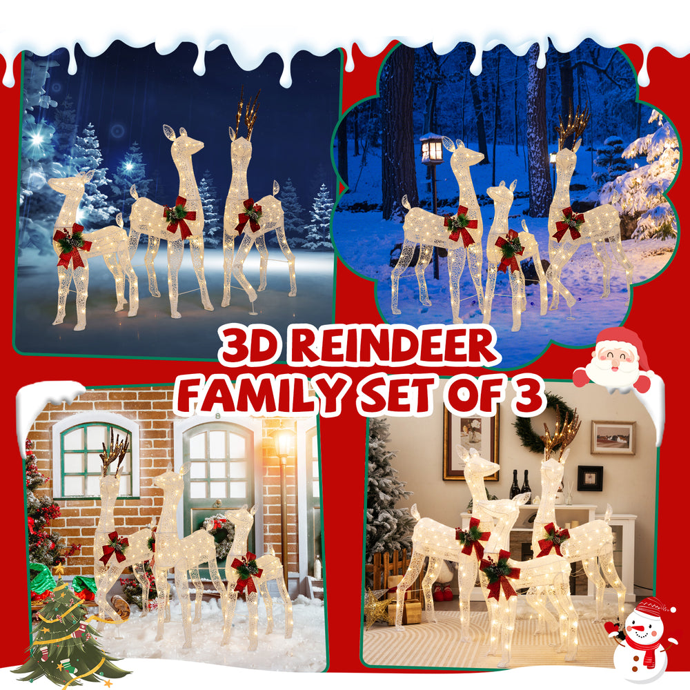 Pre-lit 3-piece Christmas reindeer family set with 230 warm white LED lights for indoor and outdoor festive decoration.