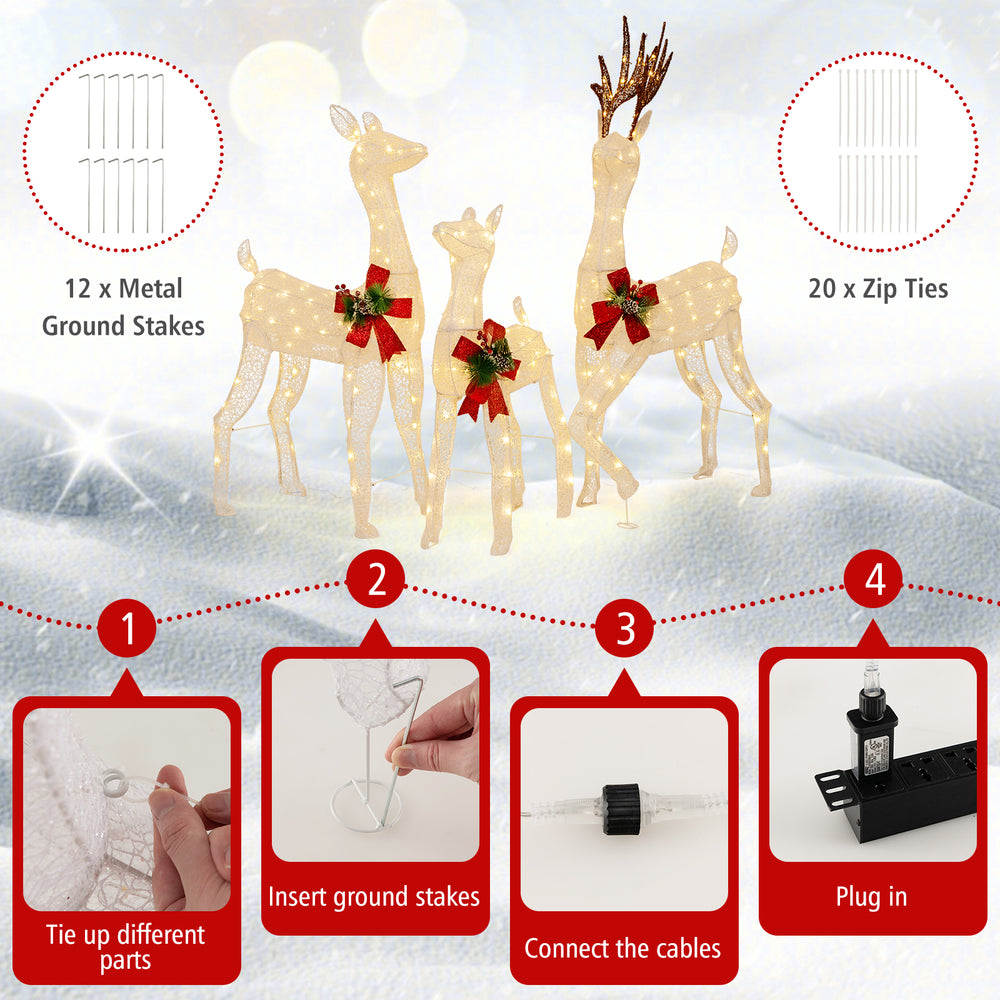 Three-piece pre-lit Christmas reindeer family with 230 warm white LED lights, featuring metal ground stakes for outdoor.