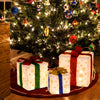 Medium-sized lighted Christmas gift box with blue ribbon and snowflake design, featuring 48 warm lights for holiday.