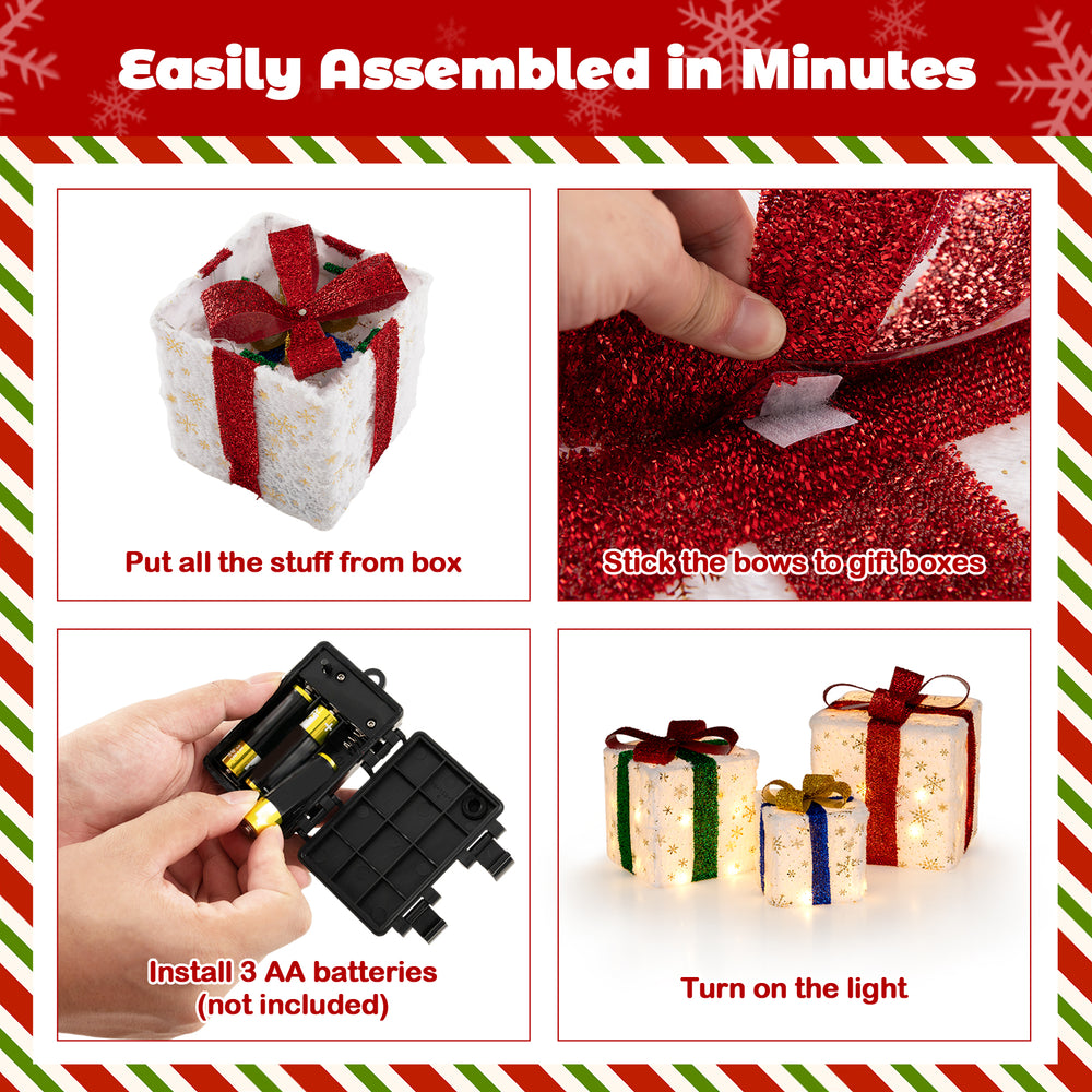 Set of 3 Christmas lighted gift boxes with colorful ribbons, 48 warm lights, and snowflake patterns for festive decor.