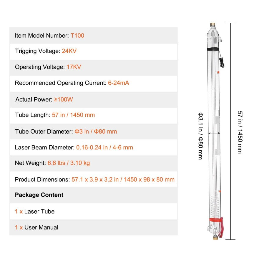 Vevor 100W CO2 Laser Tube 57" Borosilicate Glass Laser Cutter Tube New