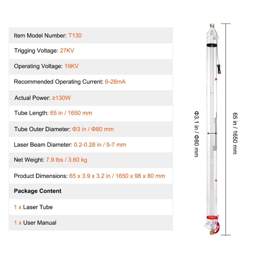 Vevor 130W CO2 Laser Tube 65" Borosilicate Glass Cutter Tube 10,000-Hour Lifespan New