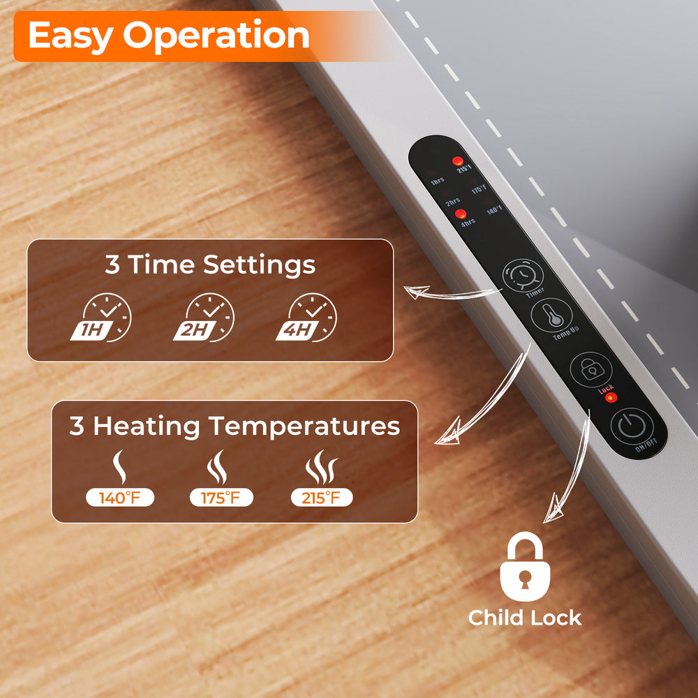 Close-up of the control panel of the gray rollable electric warming tray with 3 temperature settings and child lock.