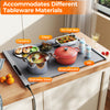 Rollable electric warming tray in gray with various tableware, showcasing versatility for parties and gatherings.