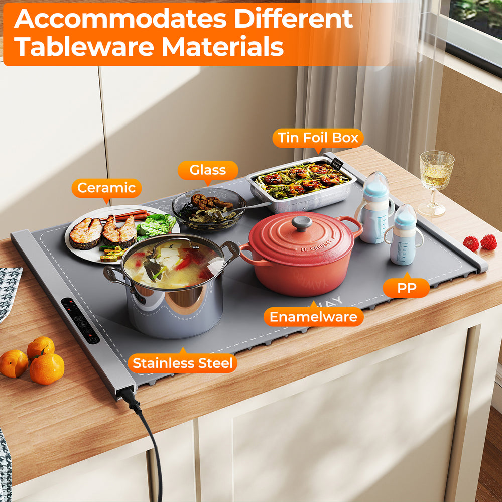 Rollable electric warming tray in gray with various tableware, showcasing versatility for parties and gatherings.