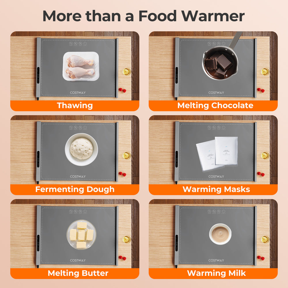Portable electric warming tray in gray, ideal for melting chocolate, butter, and warming food for parties and.