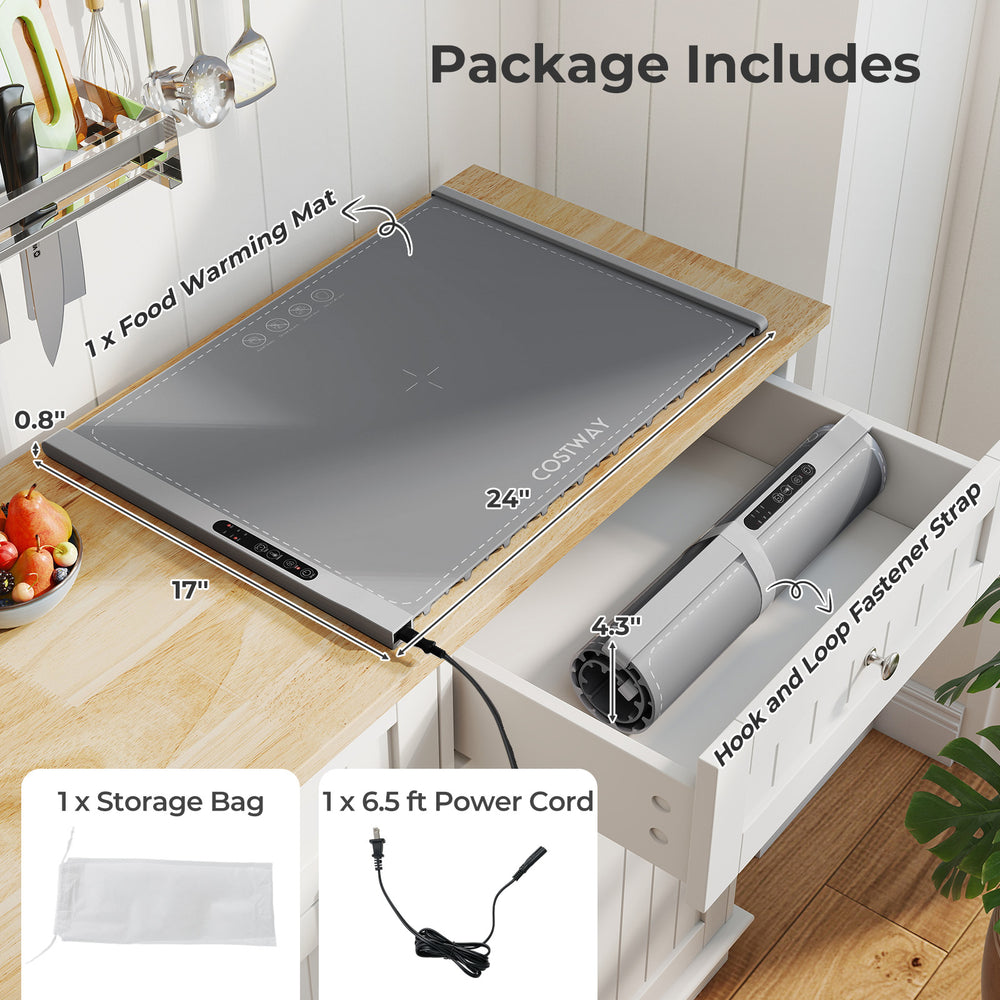 Rollable electric food warming mat in gray, featuring fast heating, adjustable temperatures, and convenient storage bag.