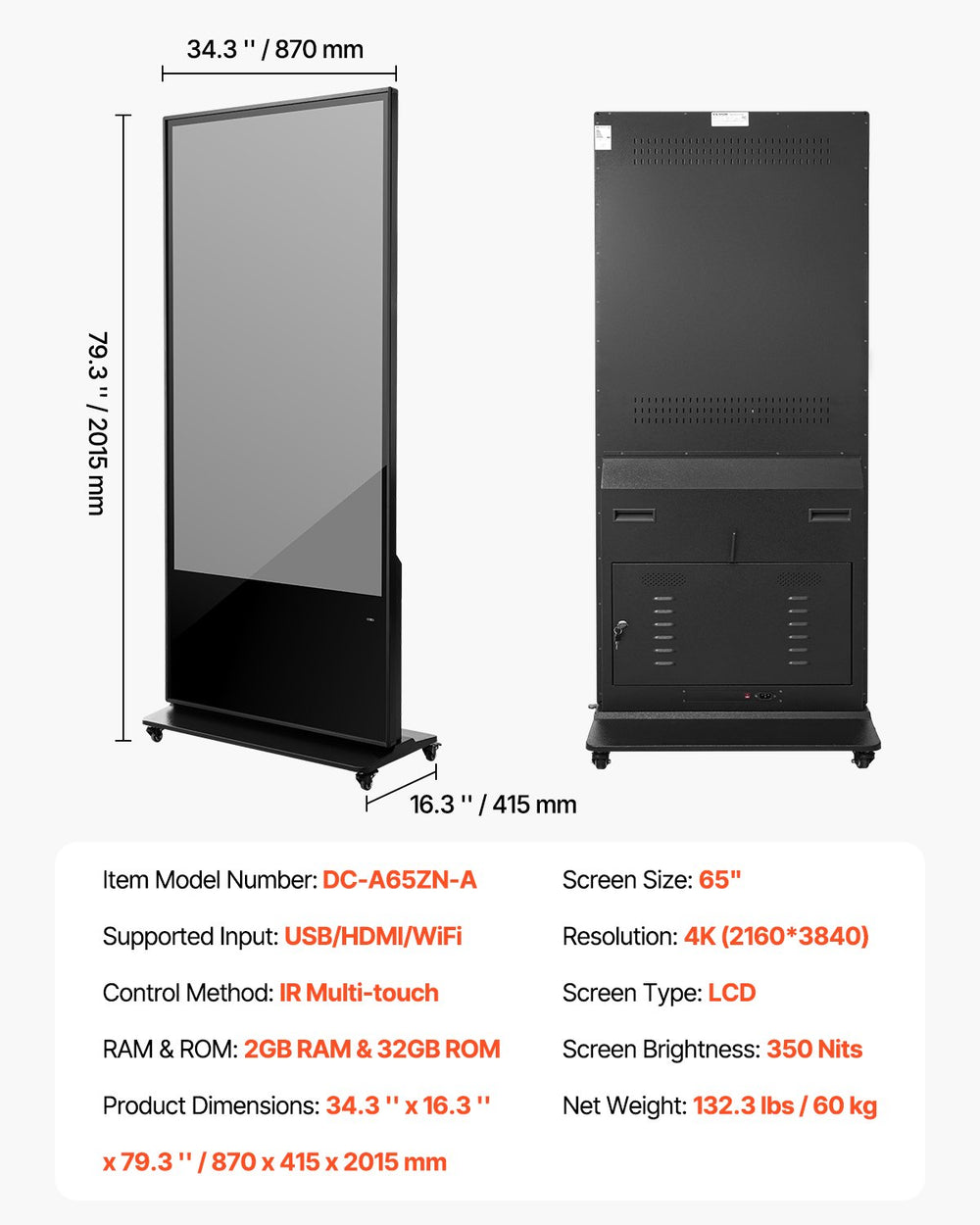 Vevor Scrolling Sign 65" 4K Touchscreen LCD Screen Floor Standing Display with Android 11 New
