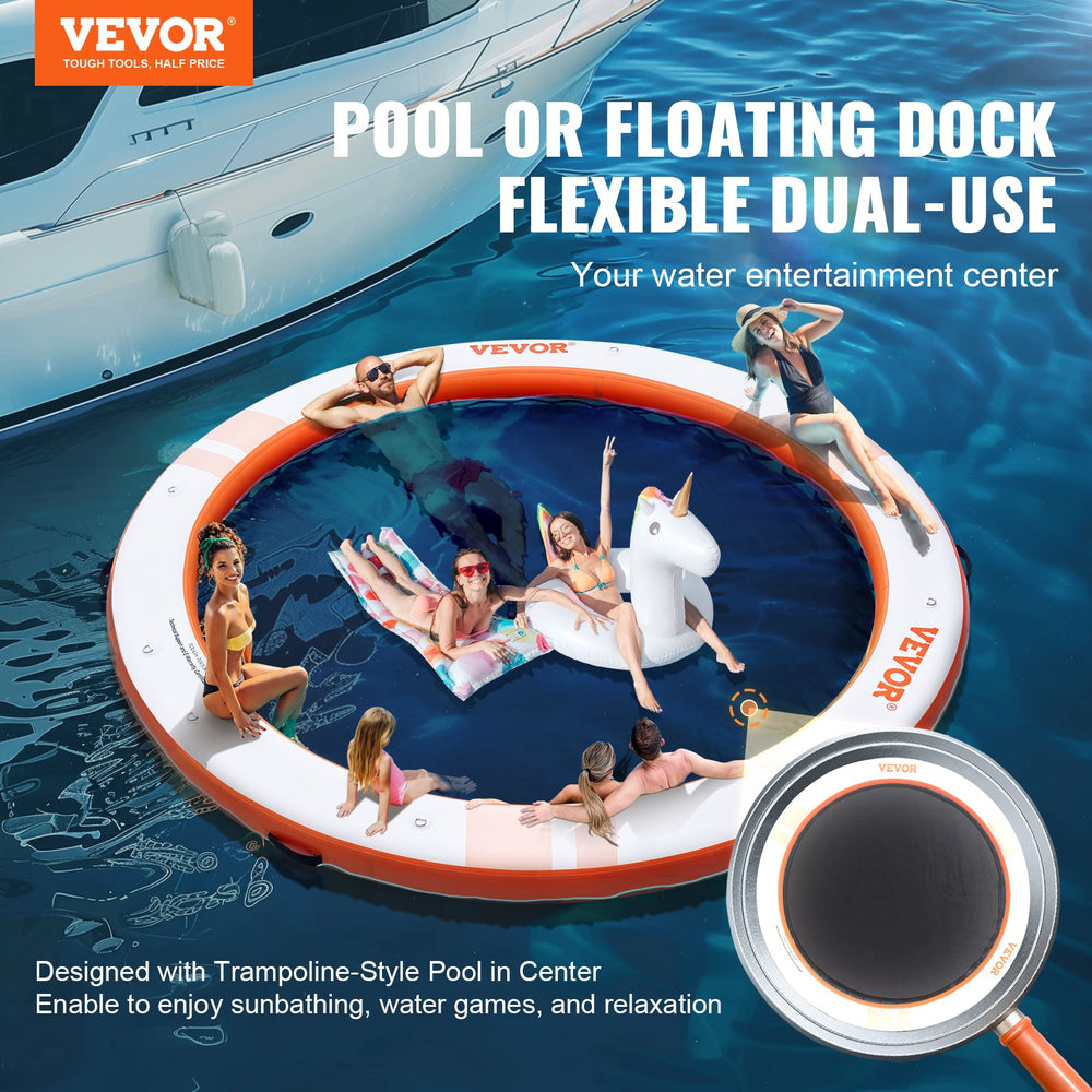 Vevor Inflatable Floating Dock 10' Dia. Non-Slip Platform with 8' Trampoline Mesh Pool and Detachable Ladder New