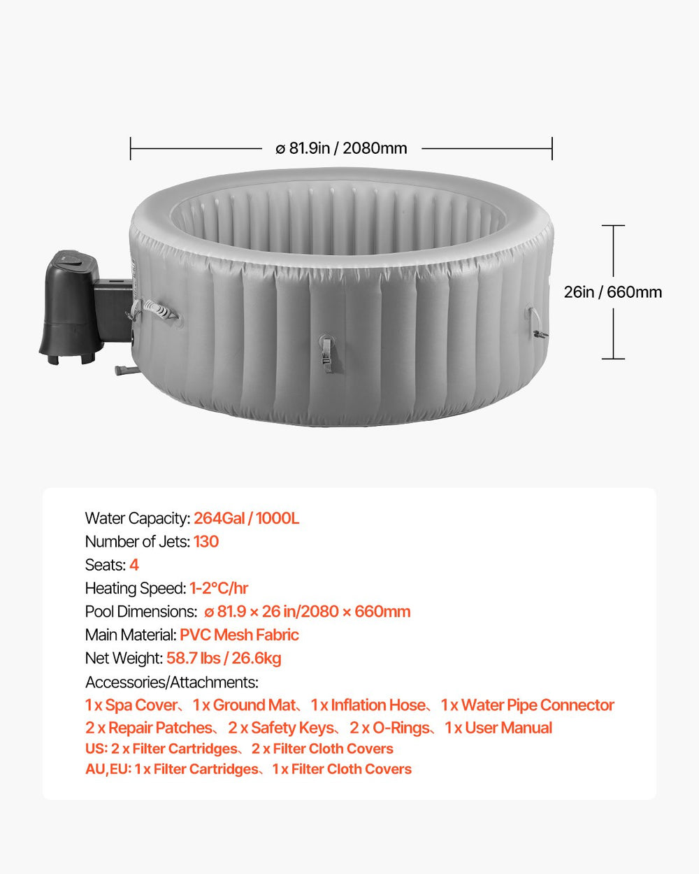 Vevor Inflatable Hot Tub 81.9" x 26" 4 to 6 Person Round Portable Spa 130 Jets New