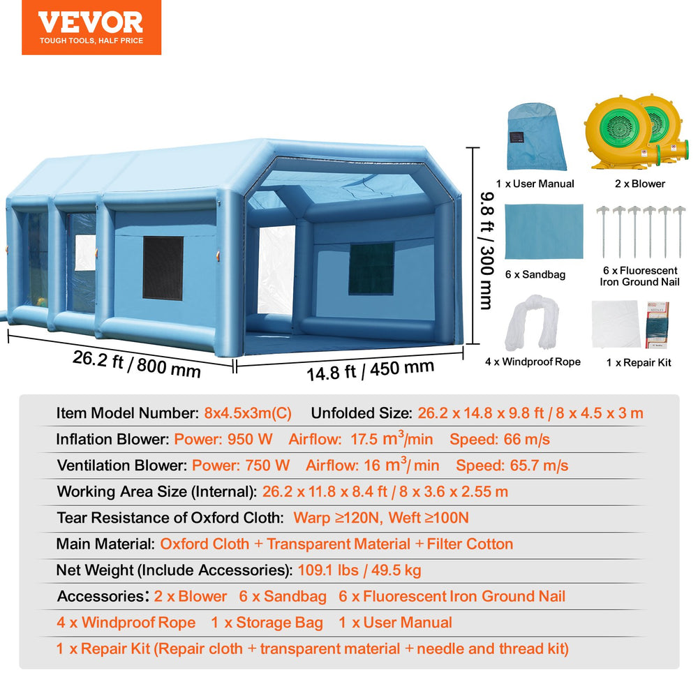 Vevor Inflatable Spray Booth 26.2' x 14.8' x 9.8' Spray Tent 950W 750W Blowers and Filter New