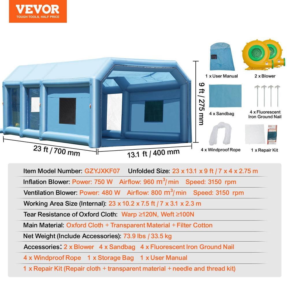 Vevor Inflatable Spray Booth 23' x 13.1' x 9' Spray Tent 750W 480W Blowers and Filter New