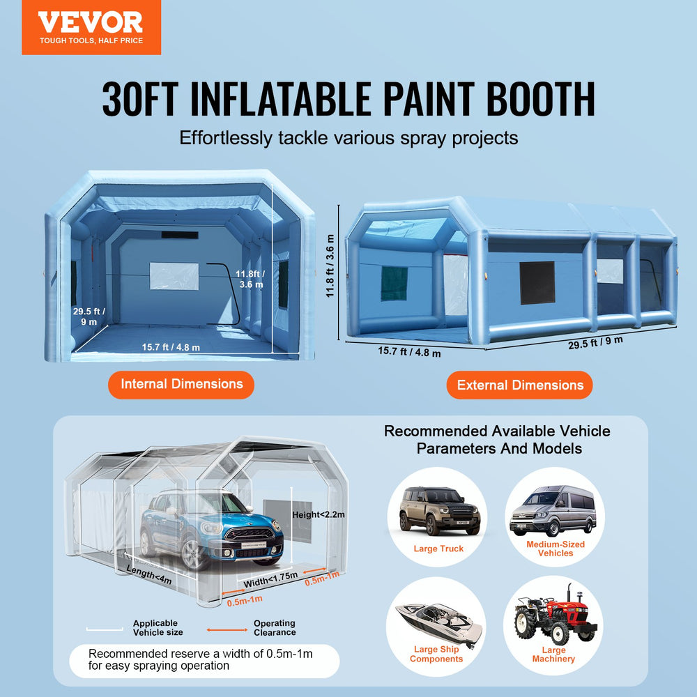 Vevor Inflatable Paint Booth 29.5' x 15.7' x 11.8' 950W Inflation 750W Ventilation Blowers with Air Filtration System New